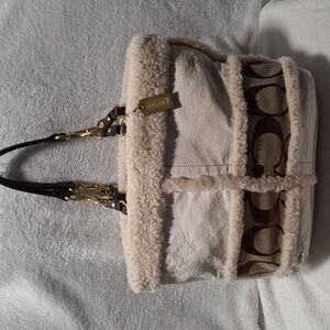 Coach Shearling Shoulder Bag C Logo  Leather
